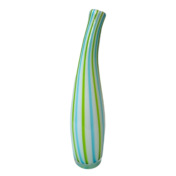 Bent neck candy stripe vase 14in blue green mcm modern alrose style cased - Picture 1 of 5